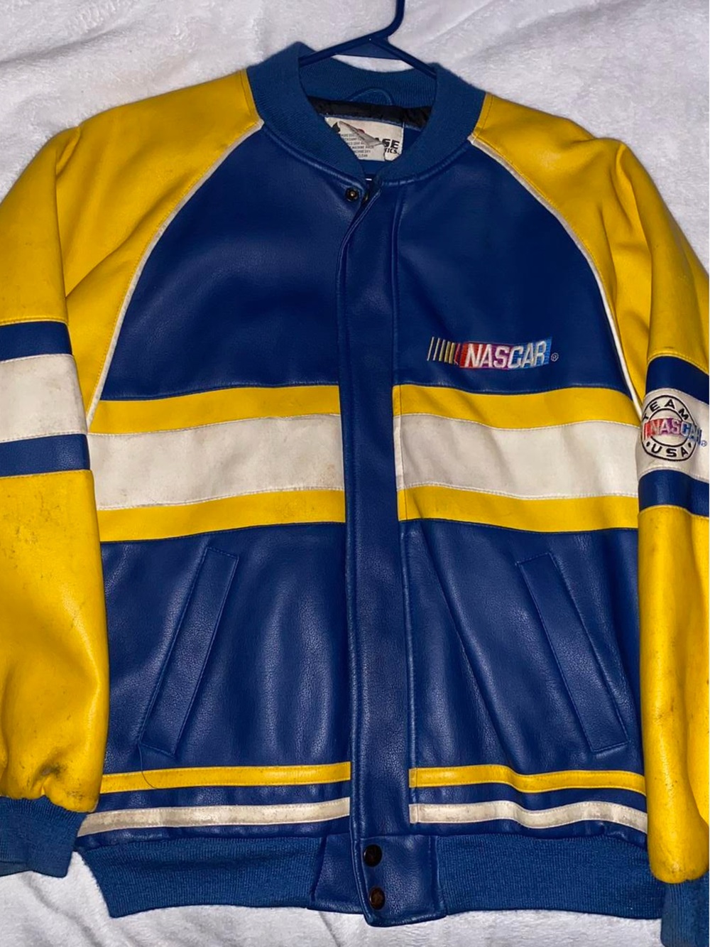 Vintage Nascar Blue, Yellow & White Racing-Style Leather Jacket